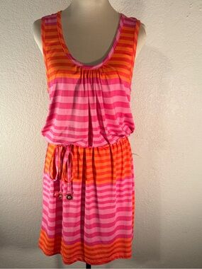 Mud Pie Pink & Orange Striped Tie-Waist Summer Dress Relaxed Beach Garden Party